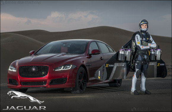 F1 star Martin Brundle and new Jaguar XJR take on high-flying ‘Jetman' in world-first desert drag race