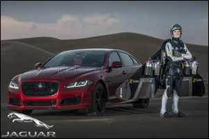 F1 star Martin Brundle and new Jaguar XJR take on high-flying ‘Jetman' in world-first desert drag race